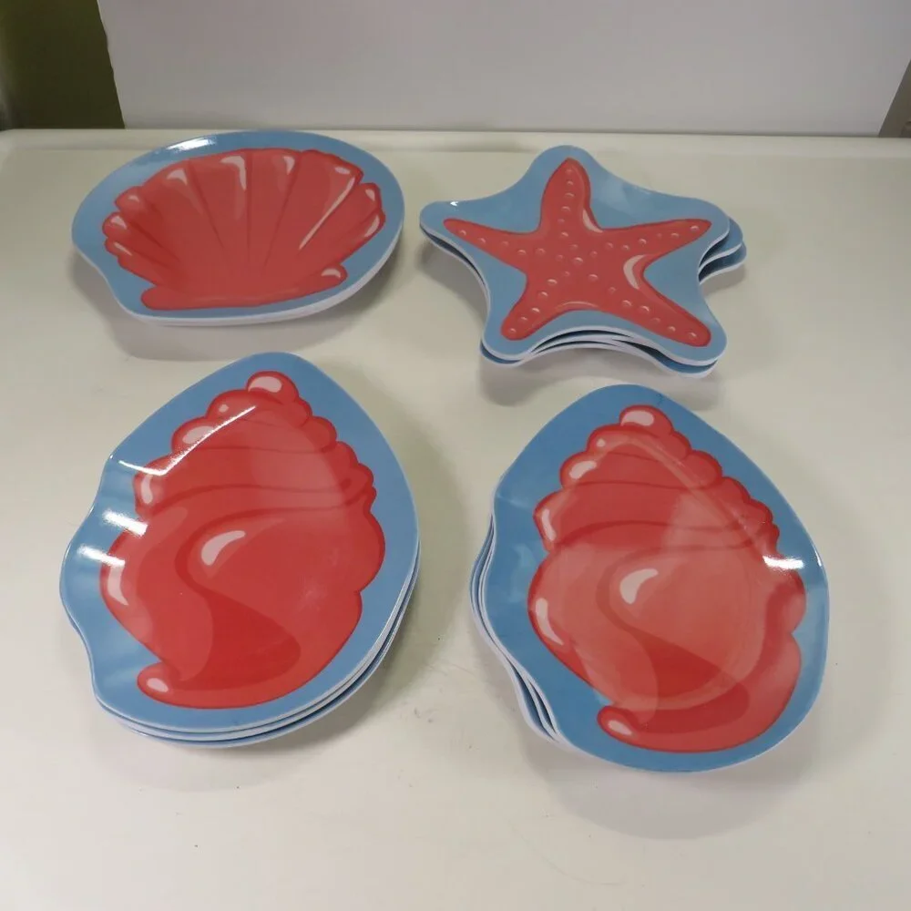 Melamine (16) Pink Seashell Plates on blue background 7